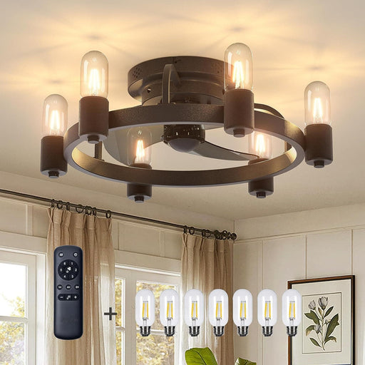 20 in. Farmhouse Industrial Flush Mount Ceiling Fan for Bedroom Kitchen, Small Black Ceiling Fan with Low Profile Light and Remote-1-ErisView