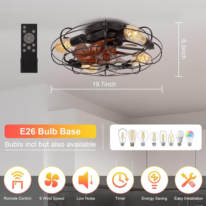 20 in. Farmhouse Modern Caged Ceiling Fan with Light, Low Profile Ceiling Fans with Lights and Remote, Enclosed Reversible Fan for Summer Winter-2-ErisView