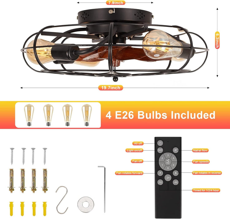 20 in. Farmhouse Modern Caged Ceiling Fan with Light, Low Profile Ceiling Fans with Lights and Remote, Enclosed Reversible Fan for Summer Winter-3-ErisView