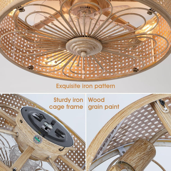 20 in. Farmhouse Rattan Flush Mount Low Profile Enclosed Fandelier Ceiling Fan for Living Room Kitchen, Small Boho Caged Ceiling Fan with Light and Remote-3-ErisView