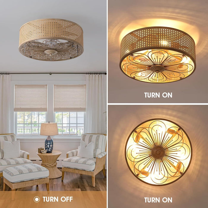 20 in. Farmhouse Rattan Flush Mount Low Profile Enclosed Fandelier Ceiling Fan for Living Room Kitchen, Small Boho Caged Ceiling Fan with Light and Remote-4-ErisView