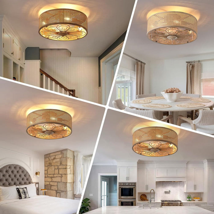 20 in. Farmhouse Rattan Flush Mount Low Profile Enclosed Fandelier Ceiling Fan for Living Room Kitchen, Small Boho Caged Ceiling Fan with Light and Remote-9-ErisView