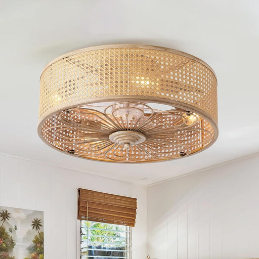 20 in. Farmhouse Rattan Flush Mount Low Profile Enclosed Fandelier Ceiling Fan for Living Room Kitchen, Small Boho Caged Ceiling Fan with Light and Remote-1-ErisView