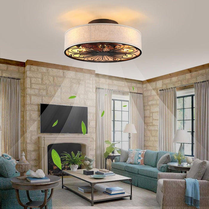 20 in. Farmhouse White Ceiling Fan for Bedroom, Caged Ceiling Fandalier with Lights, Flush Mount Low Profile Ceiling Fan with Remote-2-ErisView