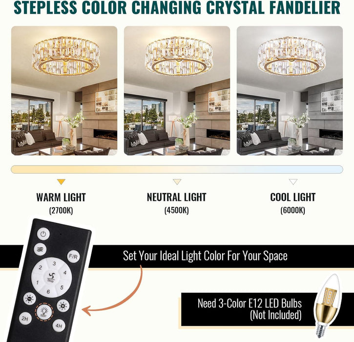 20 in. Flush Mount Caged Ceiling Fan Chandelier, Modern Gold Crystal Ceiling Fan with Light and Remote, Enclosed Reversible Ceiling Fan Summer Winter-6-ErisView
