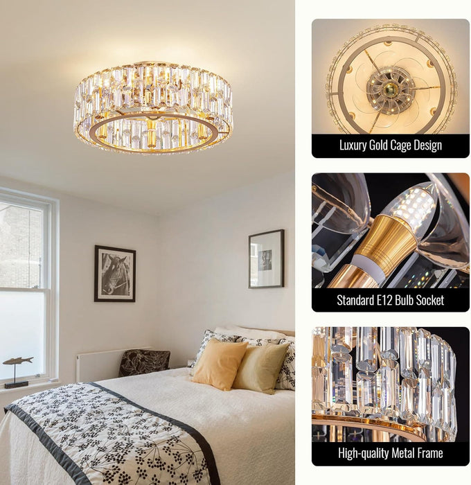 20 in. Flush Mount Caged Ceiling Fan Chandelier, Modern Gold Crystal Ceiling Fan with Light and Remote, Enclosed Reversible Ceiling Fan Summer Winter-9-ErisView