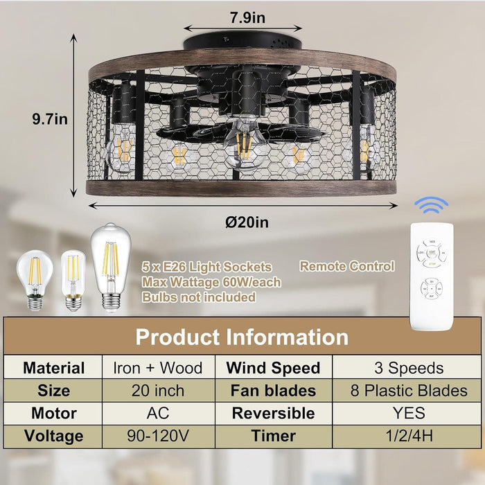 20 in. Flush Mount Caged Ceiling Fan with Light Remote, Small Low Profile Farmhouse Rustic Vintage Ceiling Fans, Enclosed Ceiling Fan Light Fixtures-2-ErisView
