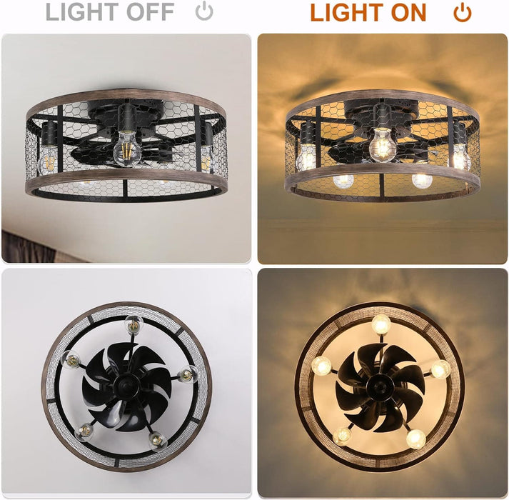 20 in. Flush Mount Caged Ceiling Fan with Light Remote, Small Low Profile Farmhouse Rustic Vintage Ceiling Fans, Enclosed Ceiling Fan Light Fixtures-3-ErisView