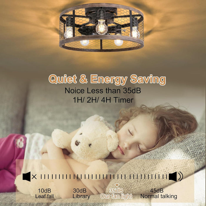 20 in. Flush Mount Caged Ceiling Fan with Light Remote, Small Low Profile Farmhouse Rustic Vintage Ceiling Fans, Enclosed Ceiling Fan Light Fixtures-4-ErisView
