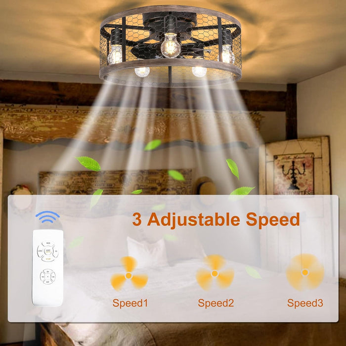 20 in. Flush Mount Caged Ceiling Fan with Light Remote, Small Low Profile Farmhouse Rustic Vintage Ceiling Fans, Enclosed Ceiling Fan Light Fixtures-5-ErisView