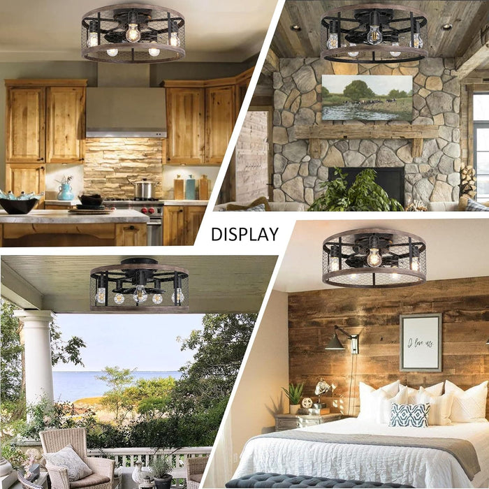 20 in. Flush Mount Caged Ceiling Fan with Light Remote, Small Low Profile Farmhouse Rustic Vintage Ceiling Fans, Enclosed Ceiling Fan Light Fixtures-6-ErisView