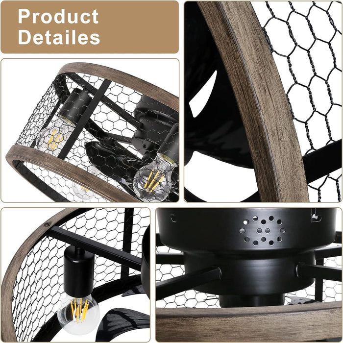 20 in. Flush Mount Caged Ceiling Fan with Light Remote, Small Low Profile Farmhouse Rustic Vintage Ceiling Fans, Enclosed Ceiling Fan Light Fixtures-8-ErisView