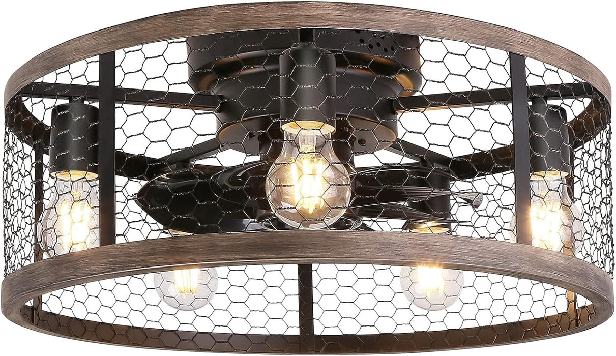 20 in. Flush Mount Caged Ceiling Fan with Light Remote, Small Low Profile Farmhouse Rustic Vintage Ceiling Fans, Enclosed Ceiling Fan Light Fixtures-1-ErisView