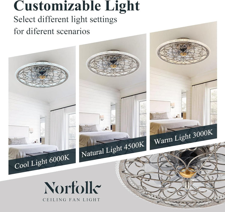 20 in. Flush Mount Ceiling Fan, Ceiling Fan on Low Ceiling with Lights and Remote, Dimmable LED Bladeless Caged Fandelier-2-ErisView