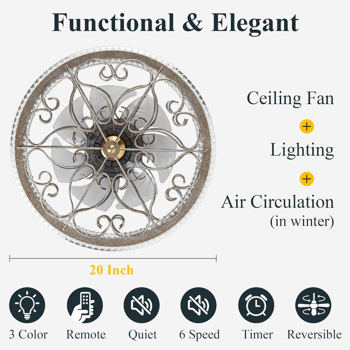 20 in. Flush Mount Ceiling Fan, Ceiling Fan on Low Ceiling with Lights and Remote, Dimmable LED Bladeless Caged Fandelier-6-ErisView