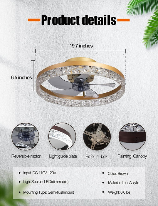 20 in. Flush Mount Ceiling Fan with Light and Remote Control, Gold Reversible Hidden Blade Ceiling Fan with Low Profile Light, LED Ceiling Fan-2-ErisView