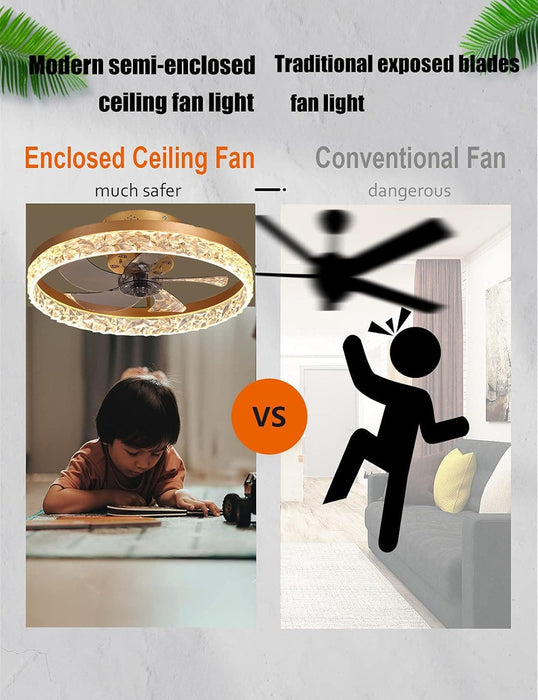 20 in. Flush Mount Ceiling Fan with Light and Remote Control, Gold Reversible Hidden Blade Ceiling Fan with Low Profile Light, LED Ceiling Fan-5-ErisView