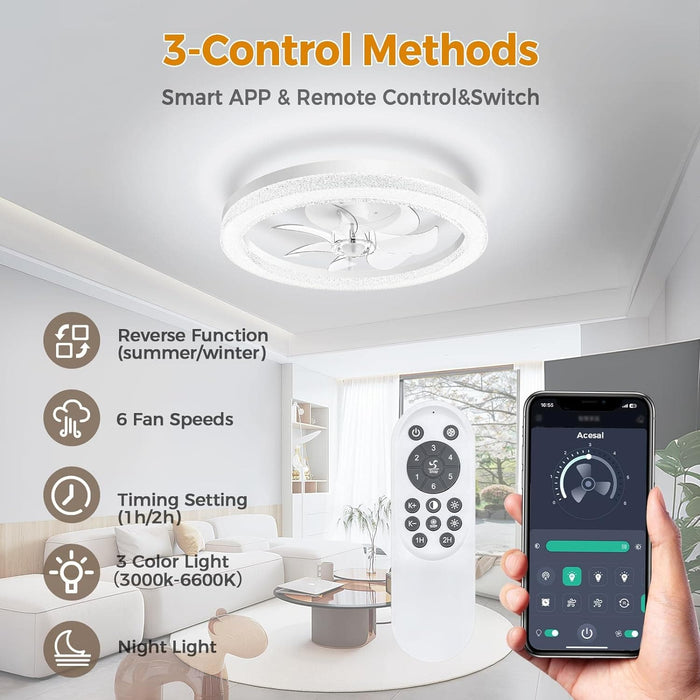 20 in. Flush Mount Ceiling Fandelier for Bedroom Living Room Kitchen, Modern Fancy Ceiling Fans, Smart Reversible Low Profile Ceiling Fan-3-ErisView