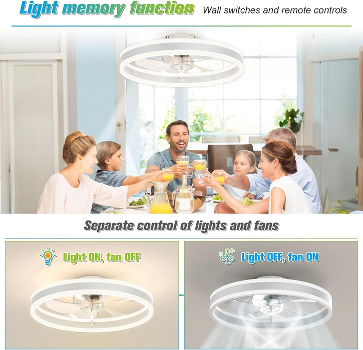20 in. Flush Mount Fandelier for Bedroom, Ceiling Fan on Low Ceiling with Lights and Remote, Stepless Dimmable LED Fan Light, White Bladeless Ceiling Fan-2-ErisView
