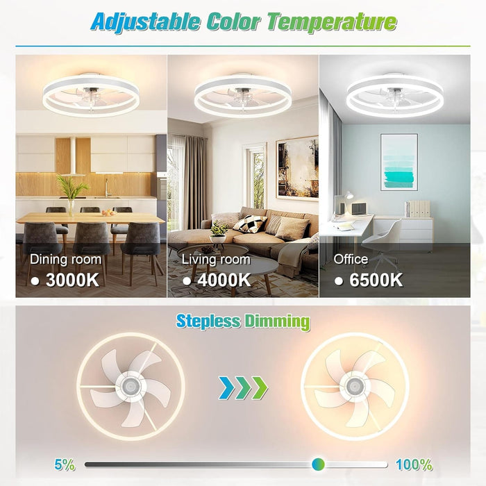 20 in. Flush Mount Fandelier for Bedroom, Ceiling Fan on Low Ceiling with Lights and Remote, Stepless Dimmable LED Fan Light, White Bladeless Ceiling Fan-3-ErisView