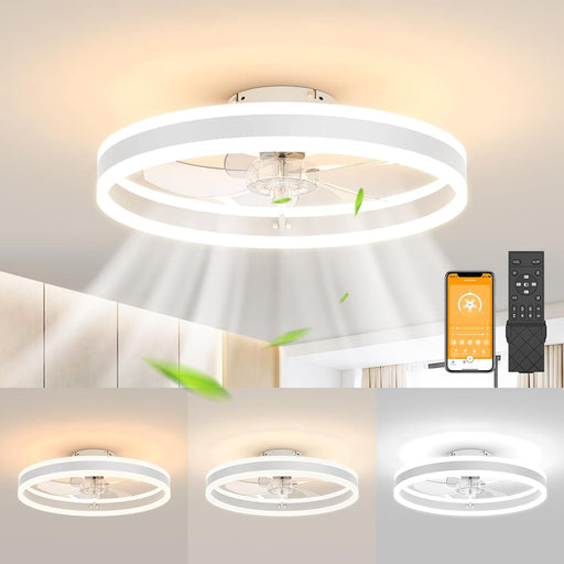 20 in. Flush Mount Fandelier for Bedroom, Ceiling Fan on Low Ceiling with Lights and Remote, Stepless Dimmable LED Fan Light, White Bladeless Ceiling Fan-1-ErisView