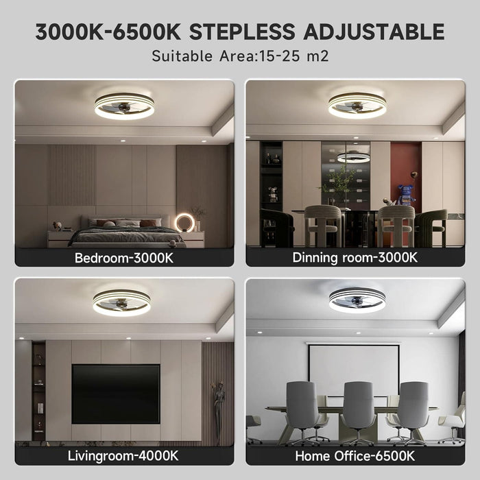 20 in. Flush Mount LED Ceiling Fan and Light, Ceiling Fan on Low Ceiling with Lights and Remote, Black Dimmable Bladeless Chandelier Fan Light for Bedroom-2-ErisView