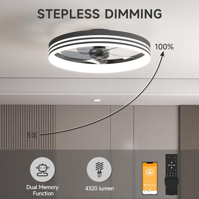 20 in. Flush Mount LED Ceiling Fan and Light, Ceiling Fan on Low Ceiling with Lights and Remote, Black Dimmable Bladeless Chandelier Fan Light for Bedroom-3-ErisView