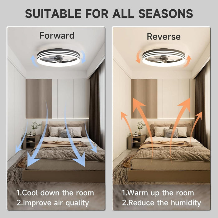 20 in. Flush Mount LED Ceiling Fan and Light, Ceiling Fan on Low Ceiling with Lights and Remote, Black Dimmable Bladeless Chandelier Fan Light for Bedroom-4-ErisView