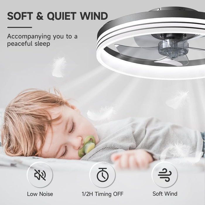 20 in. Flush Mount LED Ceiling Fan and Light, Ceiling Fan on Low Ceiling with Lights and Remote, Black Dimmable Bladeless Chandelier Fan Light for Bedroom-5-ErisView