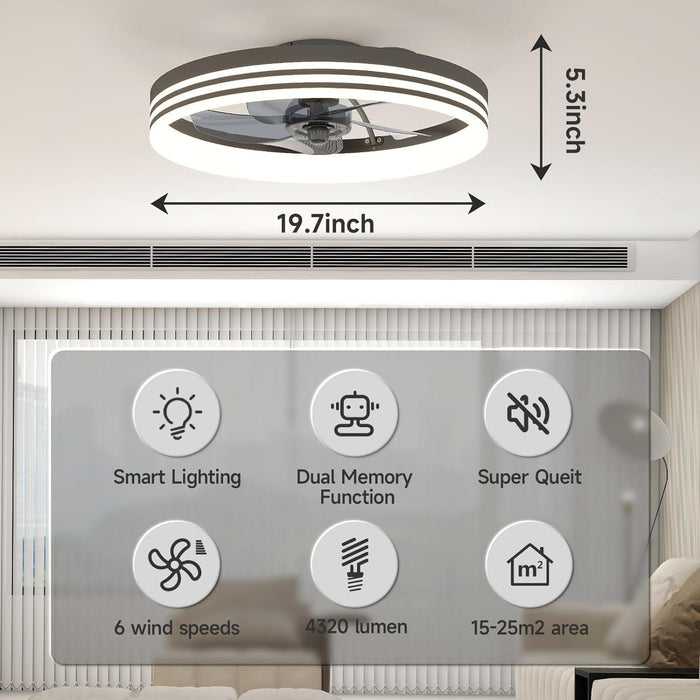 20 in. Flush Mount LED Ceiling Fan and Light, Ceiling Fan on Low Ceiling with Lights and Remote, Black Dimmable Bladeless Chandelier Fan Light for Bedroom-7-ErisView