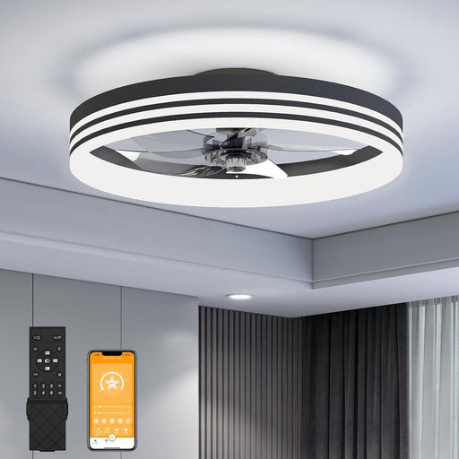 20 in. Flush Mount LED Ceiling Fan and Light, Ceiling Fan on Low Ceiling with Lights and Remote, Black Dimmable Bladeless Chandelier Fan Light for Bedroom-1-ErisView