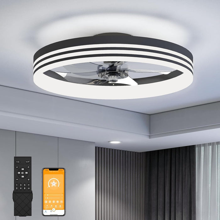 20 in. Flush Mount LED Ceiling Fan and Light, Ceiling Fan on Low Ceiling with Lights and Remote, Black Dimmable Bladeless Chandelier Fan Light for Bedroom-1-ErisView