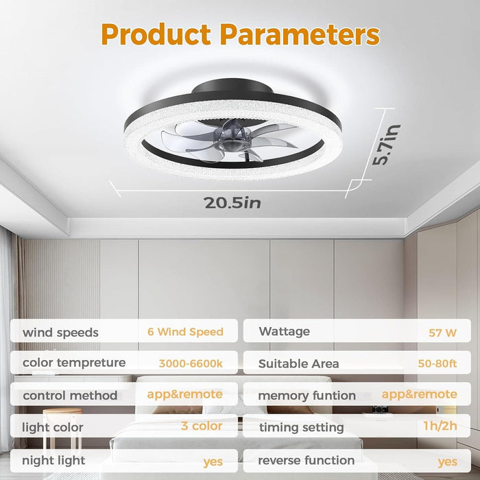 20 in. Flush Mount Low Profile Ceiling Fan and Light, Ceiling Fans with Lights and Remote, Reversible Noiseless Ceiling Fan for Bedroom Living Room Kitchen-2-ErisView