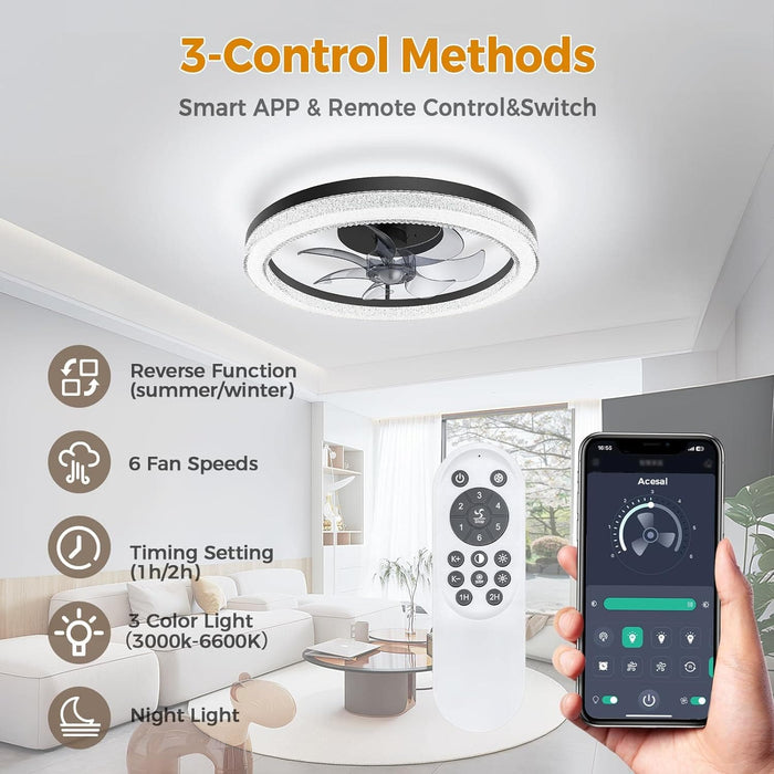 20 in. Flush Mount Low Profile Ceiling Fan and Light, Ceiling Fans with Lights and Remote, Reversible Noiseless Ceiling Fan for Bedroom Living Room Kitchen-3-ErisView