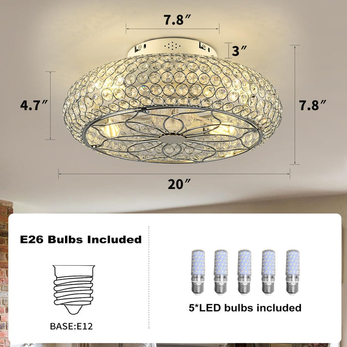 20 in. Flush Mount Low Profile Ceiling Fan and Light, Enclosed Caged Crystal Ceiling Fan with Remote, Reversible Ceiling Fan Summer Winter -7-ErisView