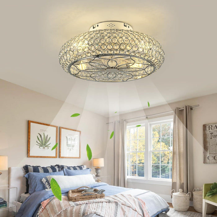 20 in. Flush Mount Low Profile Ceiling Fan and Light, Enclosed Caged Crystal Ceiling Fan with Remote, Reversible Ceiling Fan Summer Winter -8-ErisView
