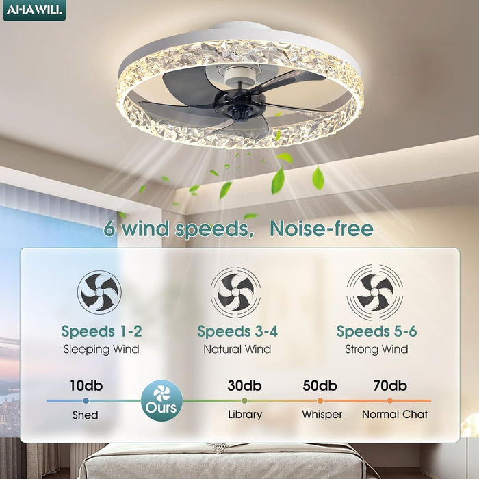 20 in. Flush Mount Remote Control Fan, White Low Profile Crystal Chandelier Ceiling Fan with Lights, Reversible Noiseless Dimmable Fandelier for Bedroom-2-ErisView