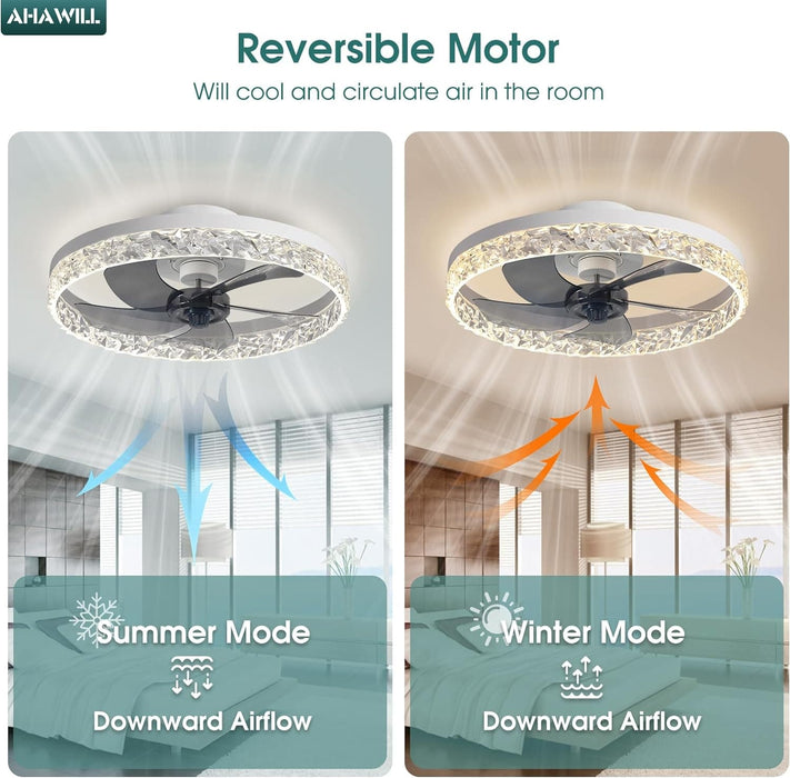 20 in. Flush Mount Remote Control Fan, White Low Profile Crystal Chandelier Ceiling Fan with Lights, Reversible Noiseless Dimmable Fandelier for Bedroom-3-ErisView