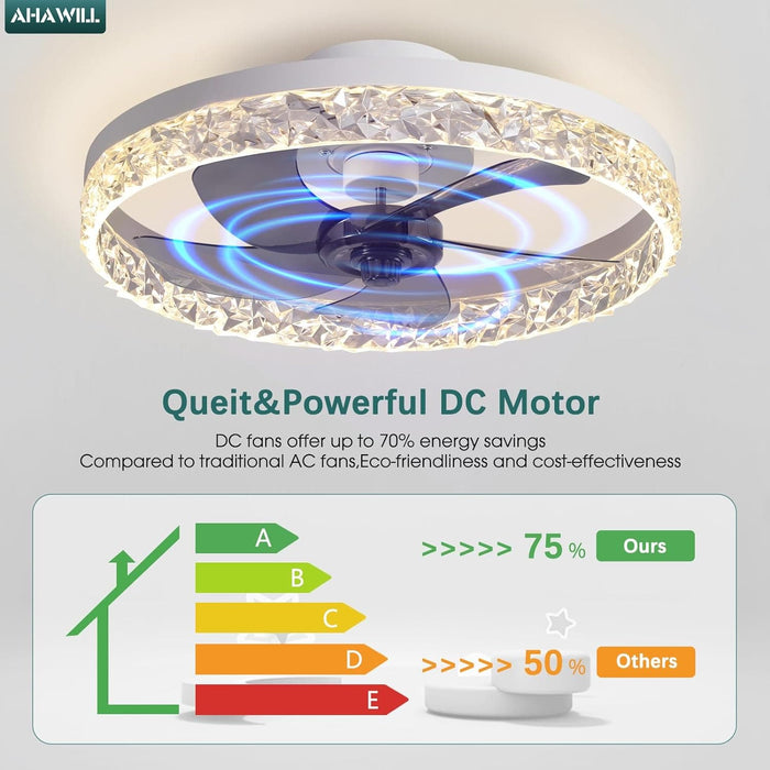 20 in. Flush Mount Remote Control Fan, White Low Profile Crystal Chandelier Ceiling Fan with Lights, Reversible Noiseless Dimmable Fandelier for Bedroom-4-ErisView