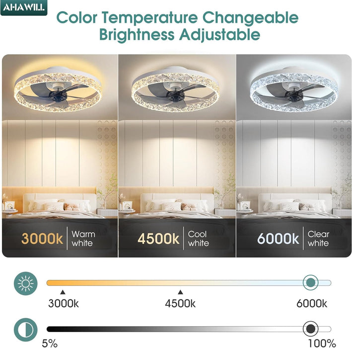 20 in. Flush Mount Remote Control Fan, White Low Profile Crystal Chandelier Ceiling Fan with Lights, Reversible Noiseless Dimmable Fandelier for Bedroom-5-ErisView