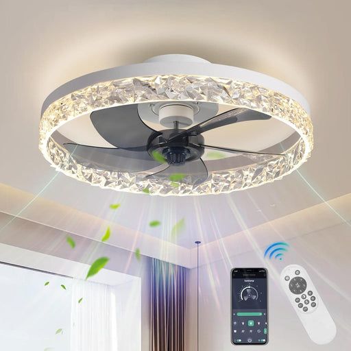 20 in. Flush Mount Remote Control Fan, White Low Profile Crystal Chandelier Ceiling Fan with Lights, Reversible Noiseless Dimmable Fandelier for Bedroom-1-ErisView