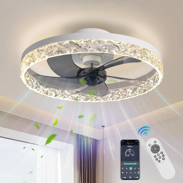 20 in. Flush Mount Remote Control Fan, White Low Profile Crystal Chandelier Ceiling Fan with Lights, Reversible Noiseless Dimmable Fandelier for Bedroom-1-ErisView