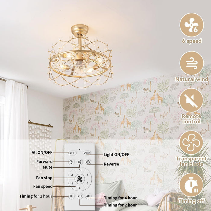 20 in. Gold Caged Ceiling Fan with Light, Flower Chandelier Ceiling Fan with Remote, Modern Crystal Fandelier for Bedroom Kids Room Living Room-4-ErisView