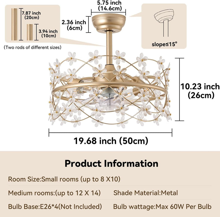20 in. Gold Caged Ceiling Fan with Light, Flower Chandelier Ceiling Fan with Remote, Modern Crystal Fandelier for Bedroom Kids Room Living Room-5-ErisView