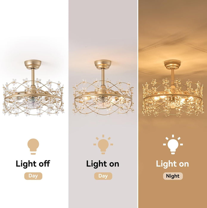 20 in. Gold Caged Ceiling Fan with Light, Flower Chandelier Ceiling Fan with Remote, Modern Crystal Fandelier for Bedroom Kids Room Living Room-7-ErisView