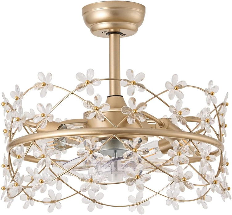 20 in. Gold Caged Ceiling Fan with Light, Flower Chandelier Ceiling Fan with Remote, Modern Crystal Fandelier for Bedroom Kids Room Living Room-9-ErisView
