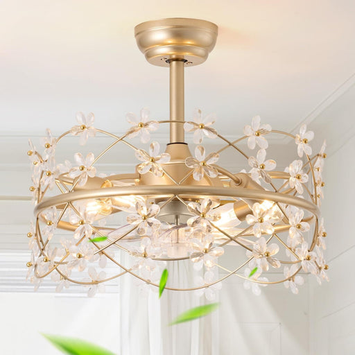 20 in. Gold Caged Ceiling Fan with Light, Flower Chandelier Ceiling Fan with Remote, Modern Crystal Fandelier for Bedroom Kids Room Living Room-1-ErisView
