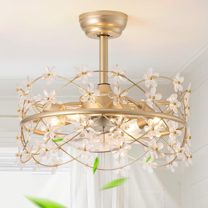 20 in. Gold Caged Ceiling Fan with Light, Flower Chandelier Ceiling Fan with Remote, Modern Crystal Fandelier for Bedroom Kids Room Living Room-1-ErisView