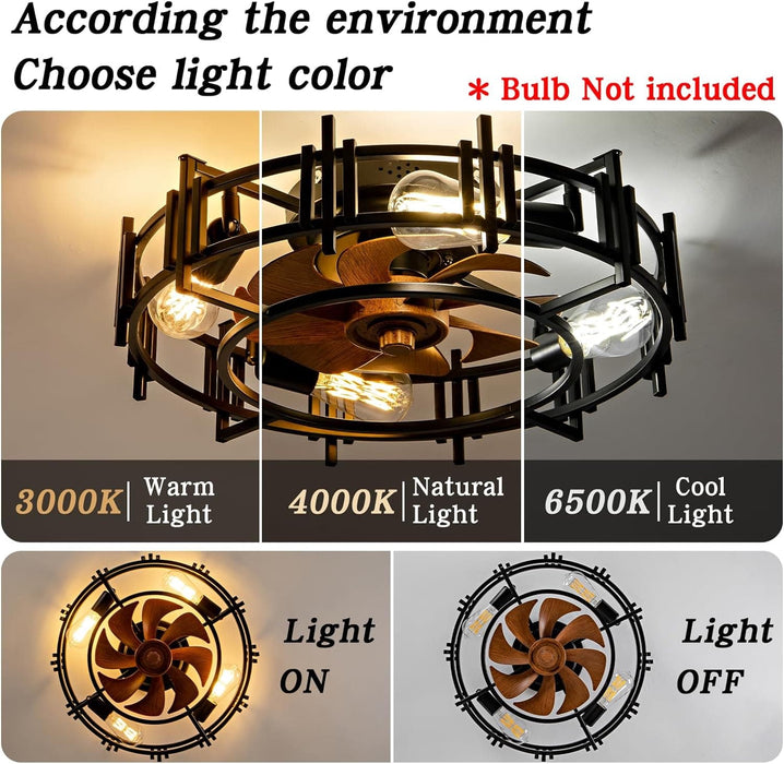 20 in. Indoor Modern Fan with Light and Remote, Black Caged Low Profile Ceiling Fan, Reversible Quiet Ceiling Fans for Bedroom Living Room Kitchen-5-ErisView
