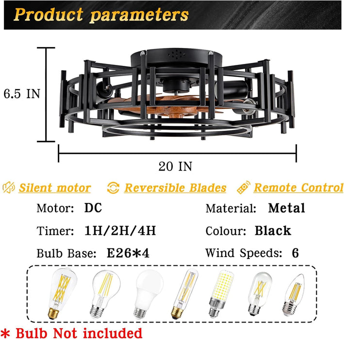 20 in. Indoor Modern Fan with Light and Remote, Black Caged Low Profile Ceiling Fan, Reversible Quiet Ceiling Fans for Bedroom Living Room Kitchen-6-ErisView